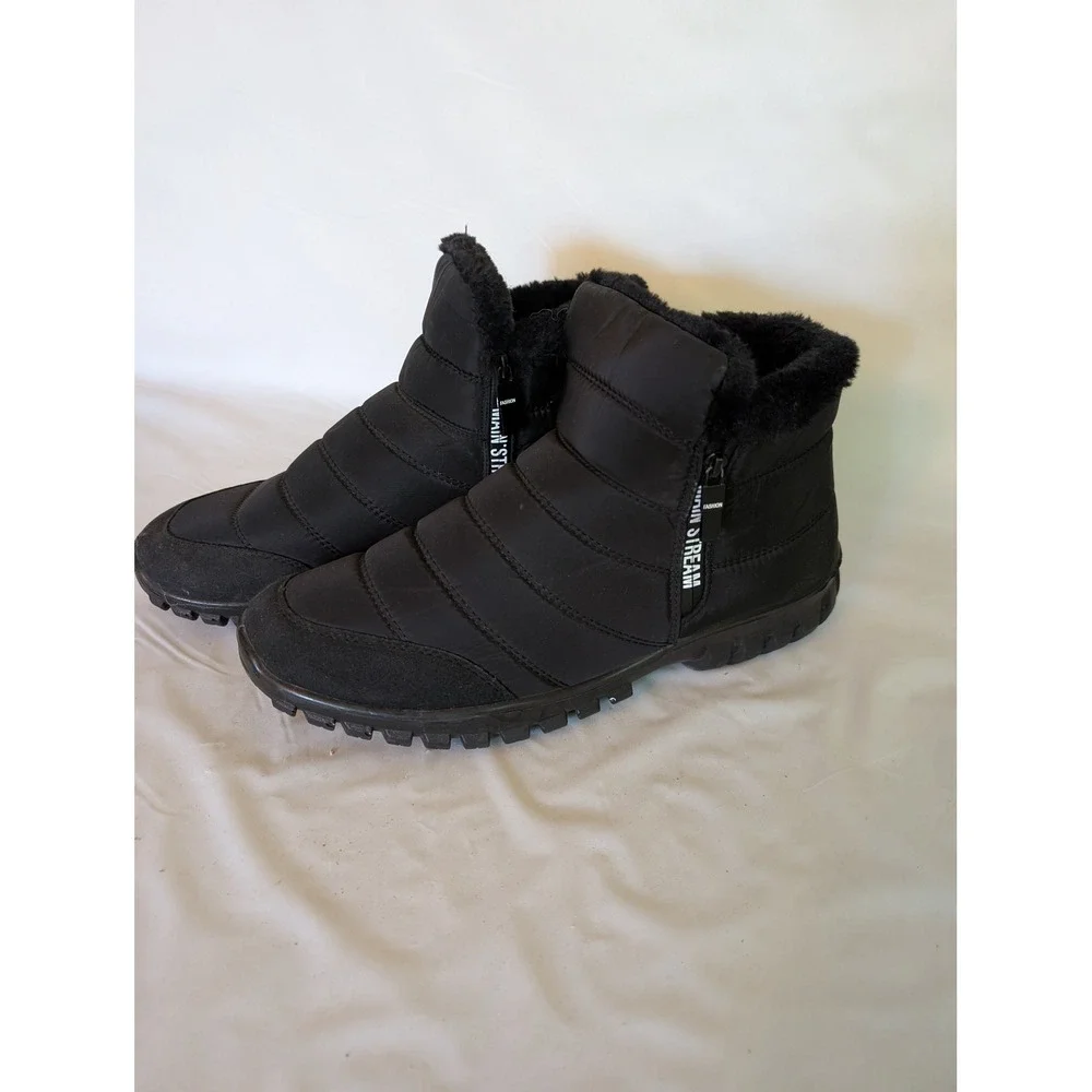 Mainstream Mens Black Puffer Winter Boots Faux Fur Lined Ankle Booties Size 12.5